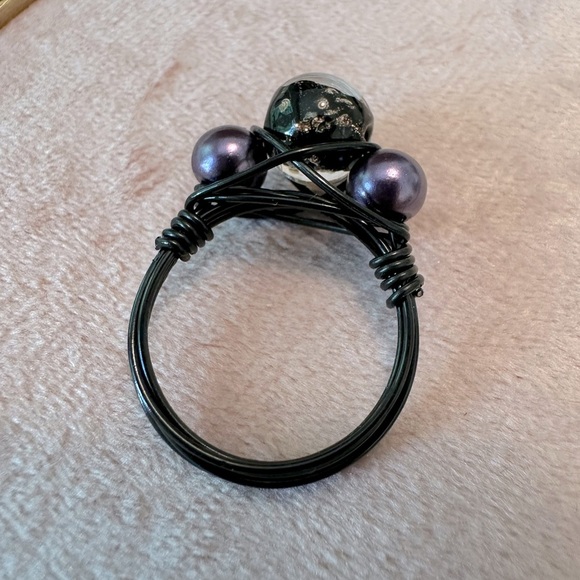 Handmade Wire Wrapped Ring Black Lampwork Glass Purple Pearls Metal Hand Done - Picture 4 of 9